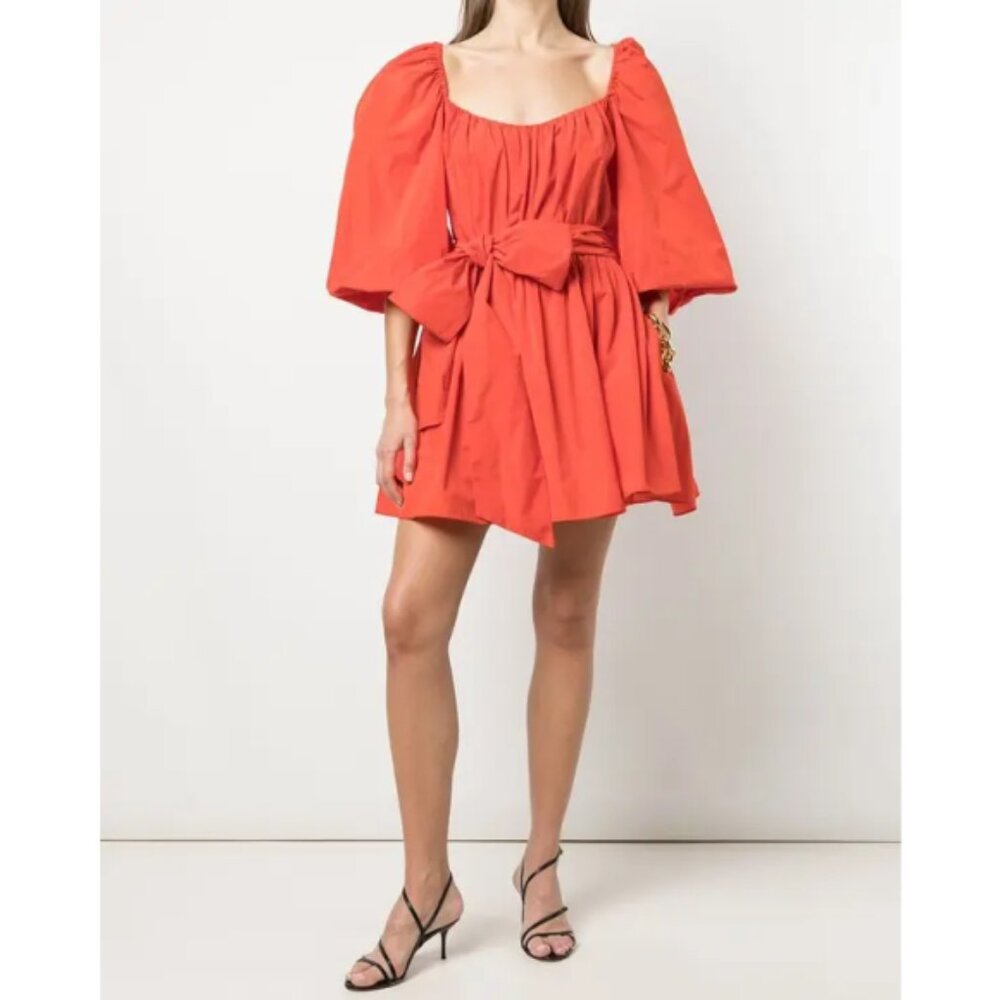 CINQ À SEPT 'Delilah' Puff-Sleeve Tie-Waist Mini-Dress, Fire Coral